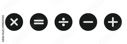 Mathematical plus, minus, multiply, divide and equal icon set vector in black circular frame ideal for calculator interfaces, financial applications and educational project.