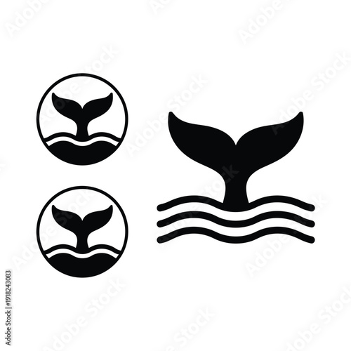 Simple black and white illustration of whale tails and ocean waves