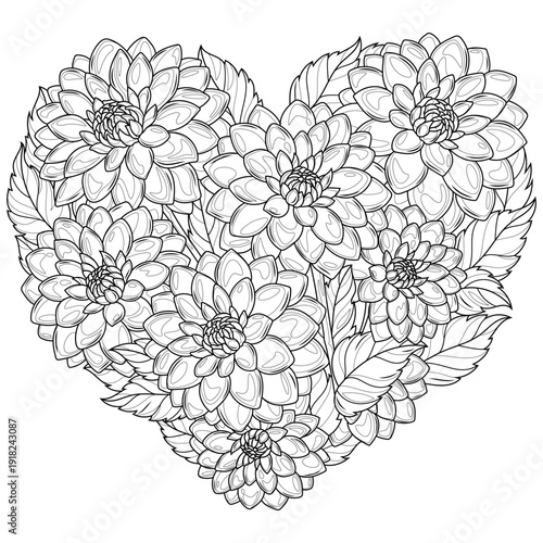 Heart-shaped dahlia flowers.Coloring book antistress for children and adults. 