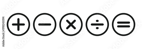 Mathematical plus, minus, multiply, divide and equal icon set vector on white background ideal for calculators, financial applications and educational project work.