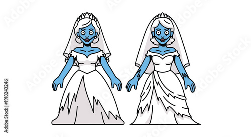 Two blue-skinned cartoon brides wearing white wedding dresses and veils on a white background with a comic book style and playful mood.