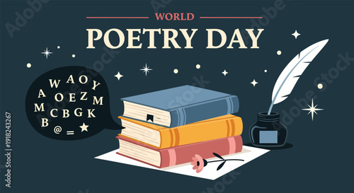 World poetry day celebration with books and quill