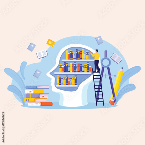 Unlocking Knowledge Within the Mind A Vibrant Illustration of a Person Arranging Books in a Head-Shaped Library, Representing Intellectual Growth and Continuous Learning Journey