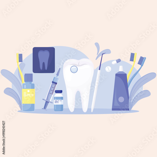 Vector illustration of a comprehensive dental care concept with various tools and supplies for oral hygiene, treatment, and health, showcasing modern dentistry practices