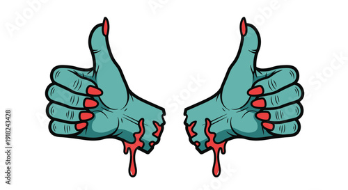 A pair of cartoon zombie hands with bloodied thumbs up and red nails on a white background in a graphic illustration.