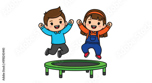 Cartoon illustration of a happy boy and girl jumping on a green trampoline with joyful expressions against a clean white background.