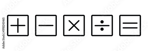 Square frame black mathematical plus, minus, multiply, divide and equal symbol set designed for Programming, calculators and spreadsheet software.