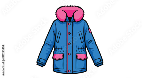 Illustration of a blue winter jacket with pink accents and a hood on a white background.
