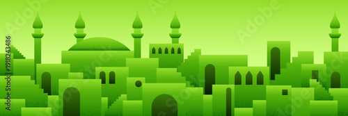 Arabic city panorama in pistachio green color with mosque silhouettes