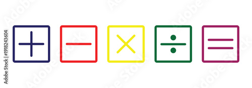 Different colored mathematical plus, minus, multiply, divide and equal symbol set in square frame are used in data manipulation tools and  digital and physical calculators.