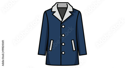 Illustration of a dark blue jacket with white collar and buttons on a plain white background.