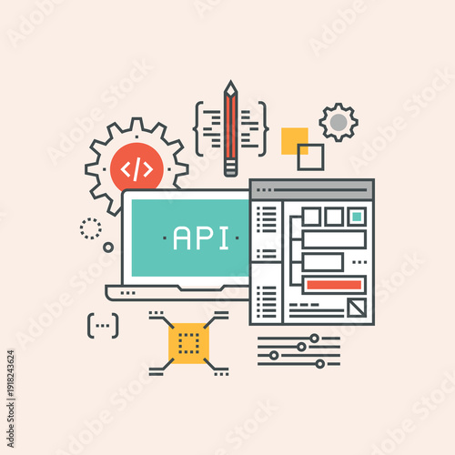 Modern flat line illustration depicting the Application Programming Interface (API) development lifecycle, showing coding, data flow, integration, and technological processes