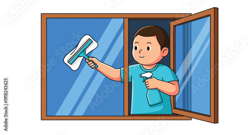 A cartoon boy cleaning a window with a squeegee and spray bottle in a brown-framed window with blue panes on a white background.