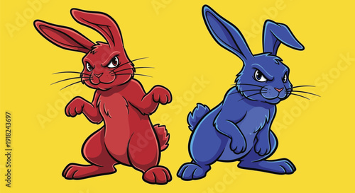 Two cartoon rabbits one red and one blue standing on a yellow background with a bold graphic style.