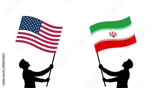 Vector illustration of silhouetted figures holding United States and Iran flags facing each other, isolated on white background