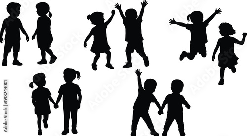 Children silhouettes collection, playful kids, childhood friendship, holding hands, jumping together, raising arms, walking pairs, outdoor activity, fun interaction, happy moments