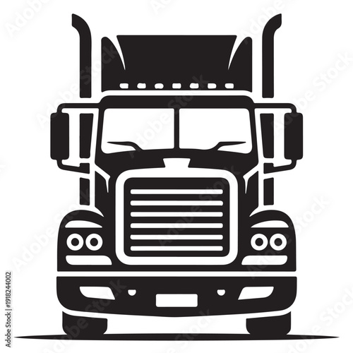 Black silhouette front view large semi truck hauling vehicle with prominent grille powerful engine outline representing heavy freight transport logistics