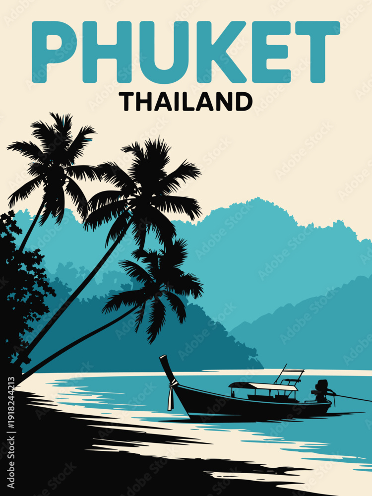 Fototapeta premium PHUKET Poster: Large Turquoise Text with Black Thailand in Bold Sans-Serif Featuring Tropical Beach Scene with Palm Trees