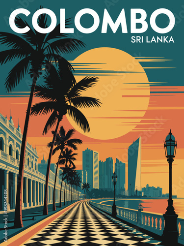 COLOMBO Poster: Retro Travel Poster Style Highlighting Sri Lanka Cityscape with Waterfront, Sunset, and Modern Skyline