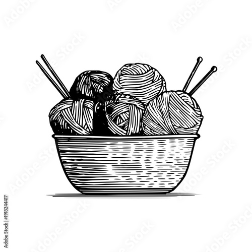 Yarn Balls in Woven Basket with Knitting Needles