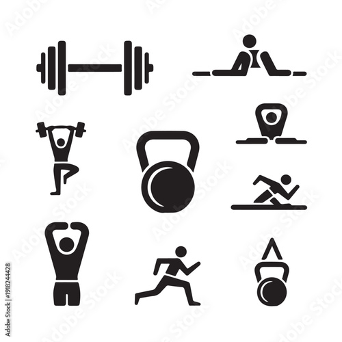 Gym fitness icons set including barbell kettlebell and silhouette people performing workout exercises such as weightlifting running stretching and bodyweight training on transparent background