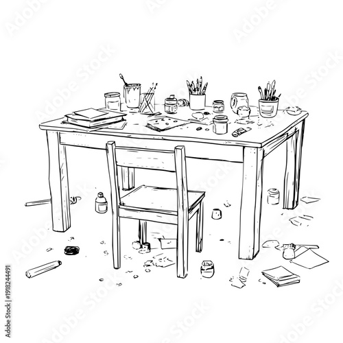 Cluttered Art Studio Table with Chair