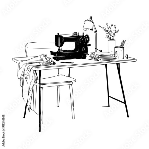 Sewing Machine on Desk with Chair and Accessories