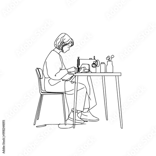 Woman Sewing on Machine at Desk