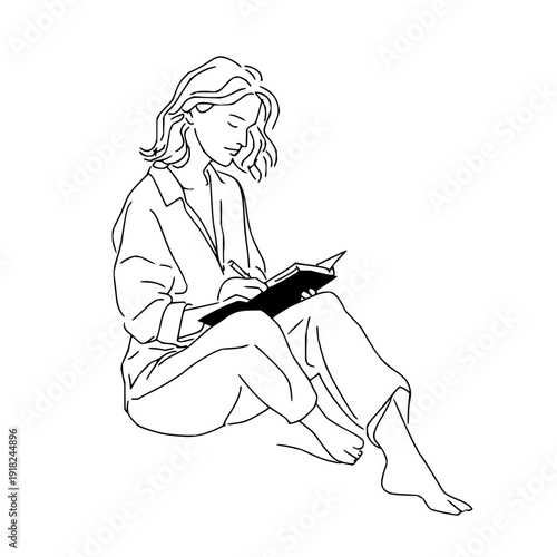 Woman Reading Book Sitting on Floor in Minimalist Line Art Style