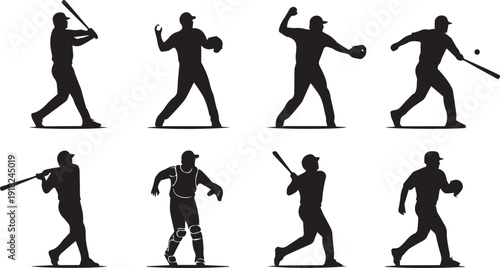 Collection of baseball player silhouettes in various poses, actions, and movements, isolated on Transparent Background.