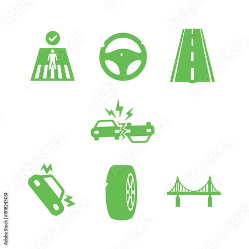 Vehicle Safety Icons Representing Road Rules and Accidents