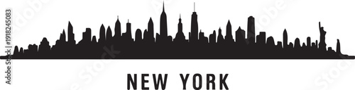 Black silhouette of New York City skyline with Statue of Liberty and cityscape, urban landscape graphic design element.