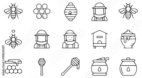 Black and white line icons of beekeeping and honey production, including bees, beekeepers, hives, and honeycombs.
