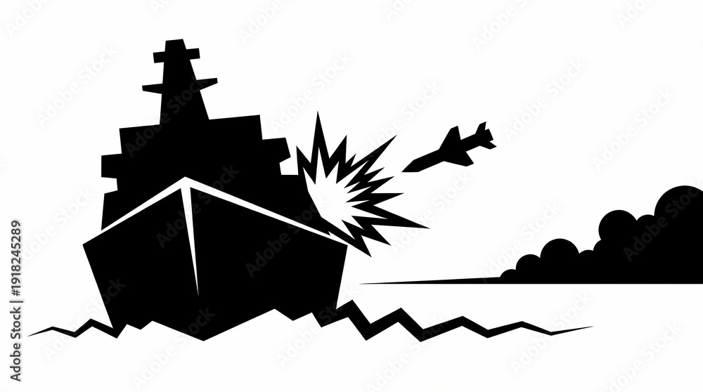 Fototapeta premium Silhouette illustration of a naval warship being struck by a missile with an explosion impact.