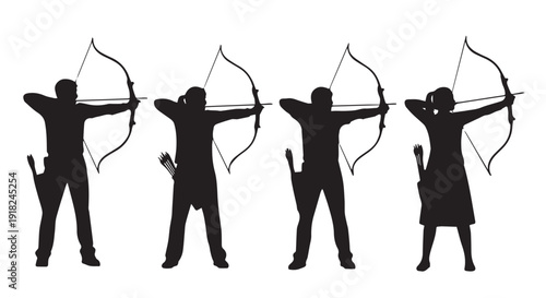 Four archers in a row aiming bows and arrows in unison, silhouette illustration for target practice or competition.