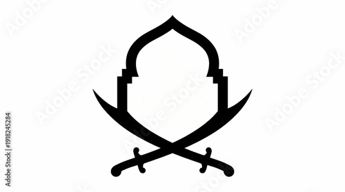 Silhouette vector icon of crossed scimitar swords beneath an Islamic mosque dome.