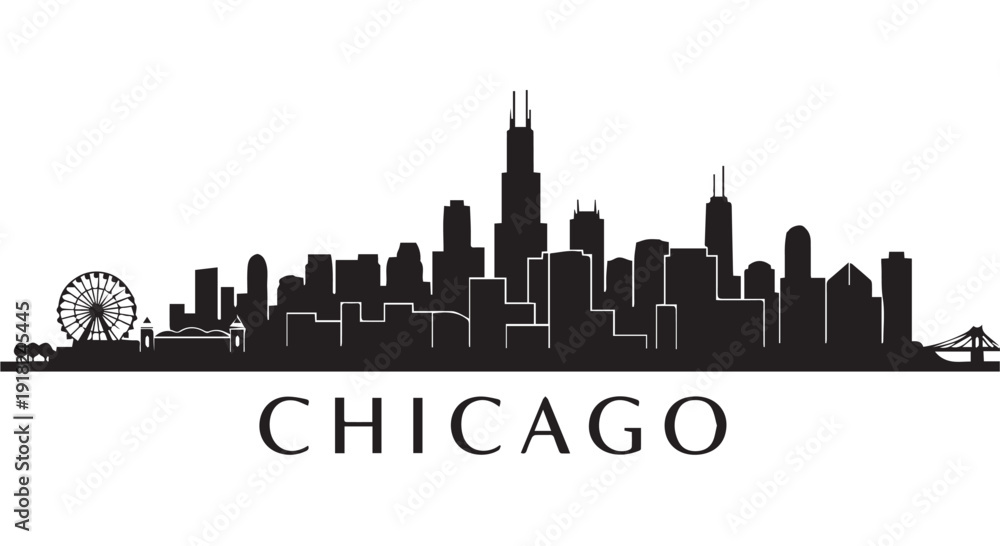 Naklejka premium Chicago city skyline silhouette with iconic buildings and ferris wheel on Transparent Background, black illustration