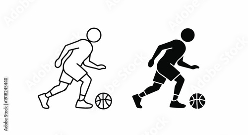 Black and white illustration of two basketball players dribbling against a clean white background with a graphic style.