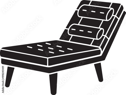 Black chaise lounge with two cylindrical headrests and segmented seat cushion also transparent background