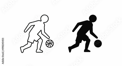 Two basketball players in line art and silhouette styles dribbling balls on a plain white background.