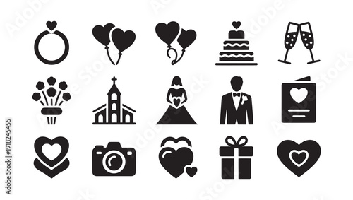 Wedding Icons Set with Hearts and Symbols