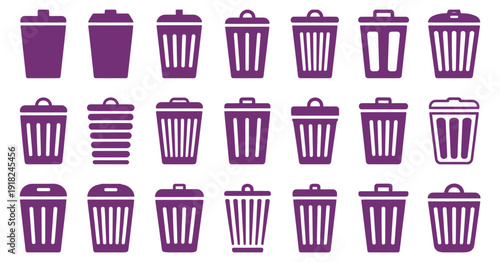 Delete and trash bin vector icon collection, flat design with black outlines, editable strokes, isolated on white background, ideal for user interface design