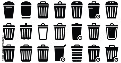 Trash bin delete icon set, flat vector design with black outline and editable stroke, isolated illustrations perfect for app interfaces