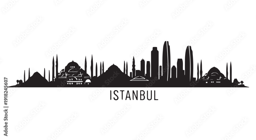 Fototapeta premium Black silhouette cityscape of Istanbul skyline with mosques and skyscrapers on Transparent Background, travel and tourism concept.