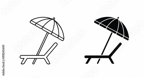 Two simple illustrations of beach chairs with umbrellas in black and white on a plain background.