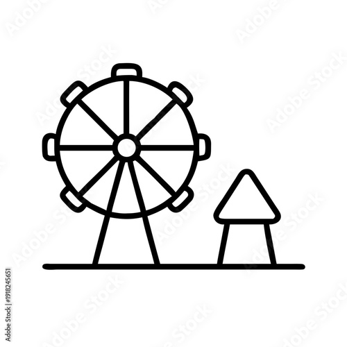A simple line drawing of a ferris wheel and a tent Vector