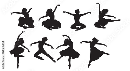 Silhouettes of seven ballet dancers in various poses isolated on Transparent Background, showcasing grace and movement.