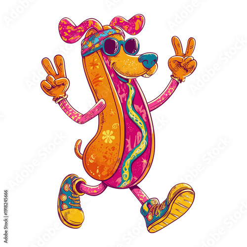 A colorful cartoon hot dog wearing sunglasses and making peace signs isolated on transparent background
