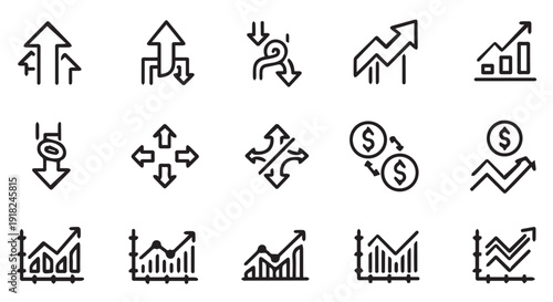 A set of 12 black line icons illustrating business growth, finance, and statistics, including arrows, graphs, and currency symbols on a Transparent Background.