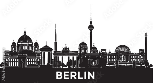 Black silhouette of Berlin city skyline with famous landmarks and Berlin text, urban landscape illustration